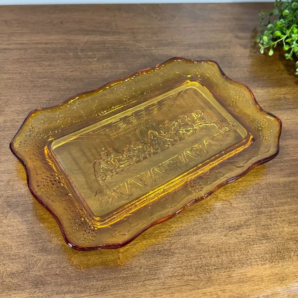 Vintage Tiara Indiana Glass Amber Gold Lord's Supper Last Supper Tray 11
